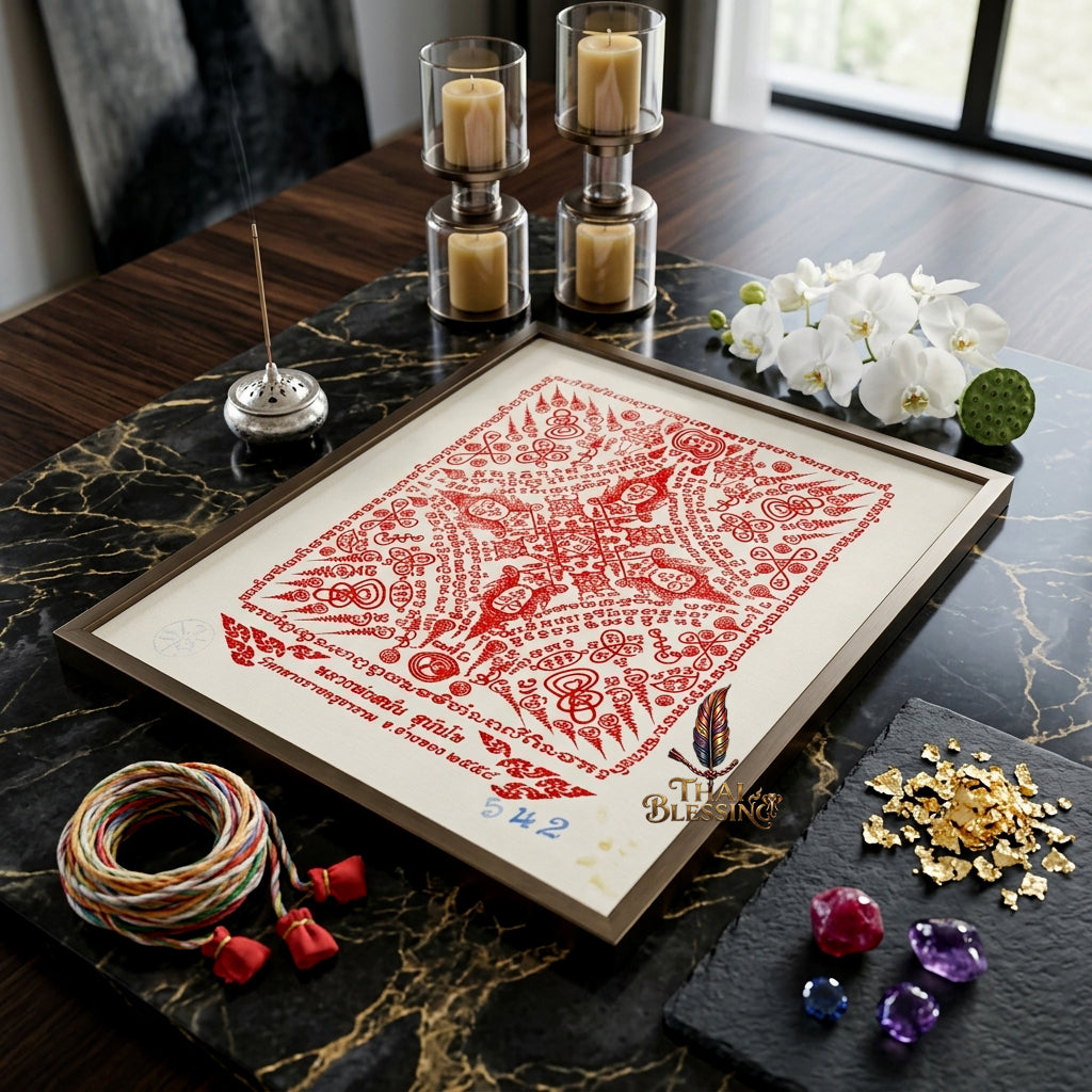 ✨👑 Sacred Phra Phrom Quad-Directional Blessing Yantra Cloth - Luang Phor Sanan Wat Klang Ratchakru Tharam 2015 Masterpiece Scroll, Omnidirectional Wealth Catalyst, Premium Executive Leadership Spiritual Wall Art