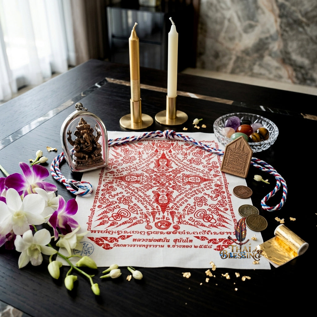 ✨👑 Sacred Phra Phrom Quad-Directional Blessing Yantra Cloth - Luang Phor Sanan Wat Klang Ratchakru Tharam 2015 Masterpiece Scroll, Omnidirectional Wealth Catalyst, Premium Executive Leadership Spiritual Wall Art