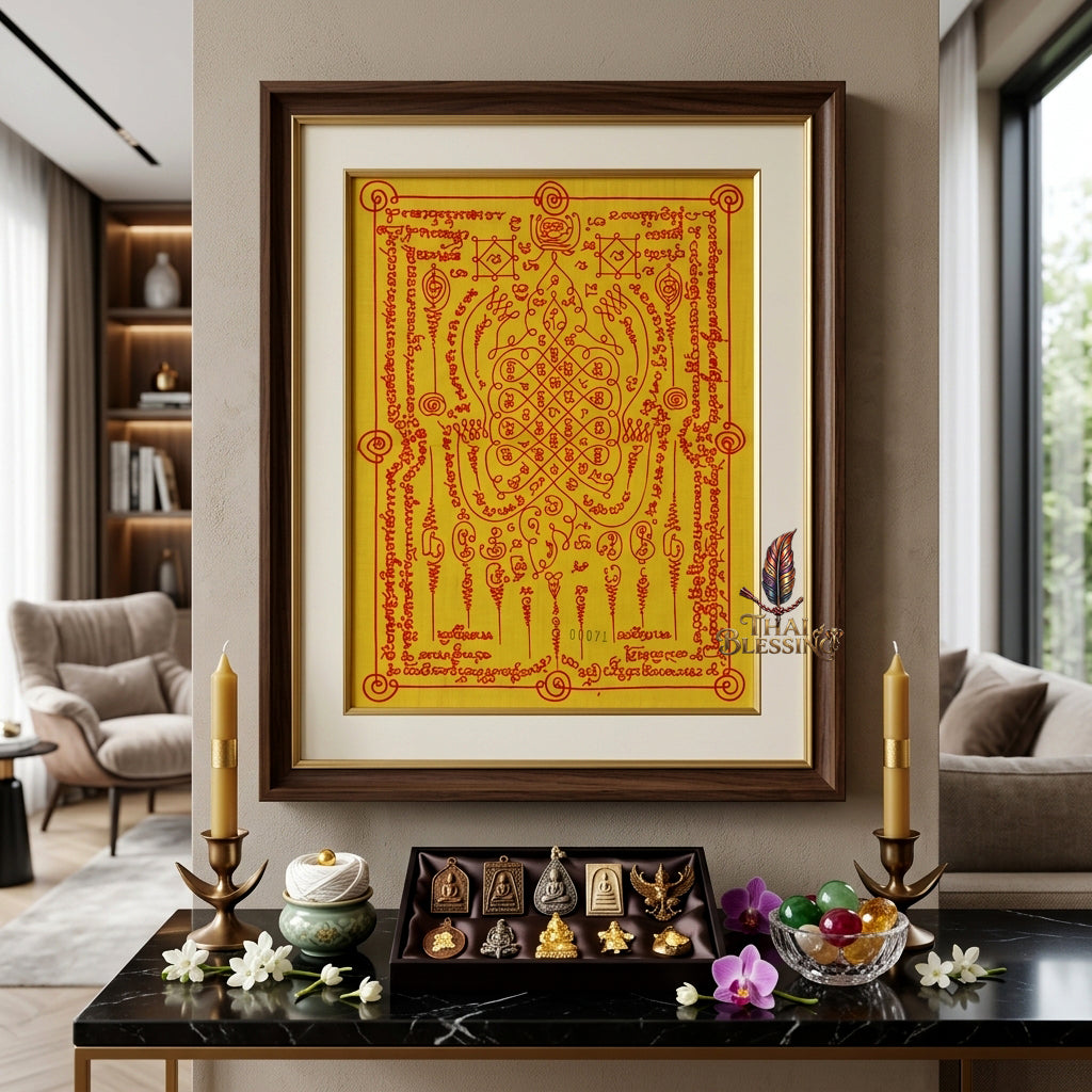 ✨🐢 Sacred Emperor Turtle Wealth Yantra Cloth - Luang Pu Saithong Wat Sawang Arom 2015 Vintage Scroll, Ultimate Longevity Prosperity Shield, Premium Business Charisma Wall Art