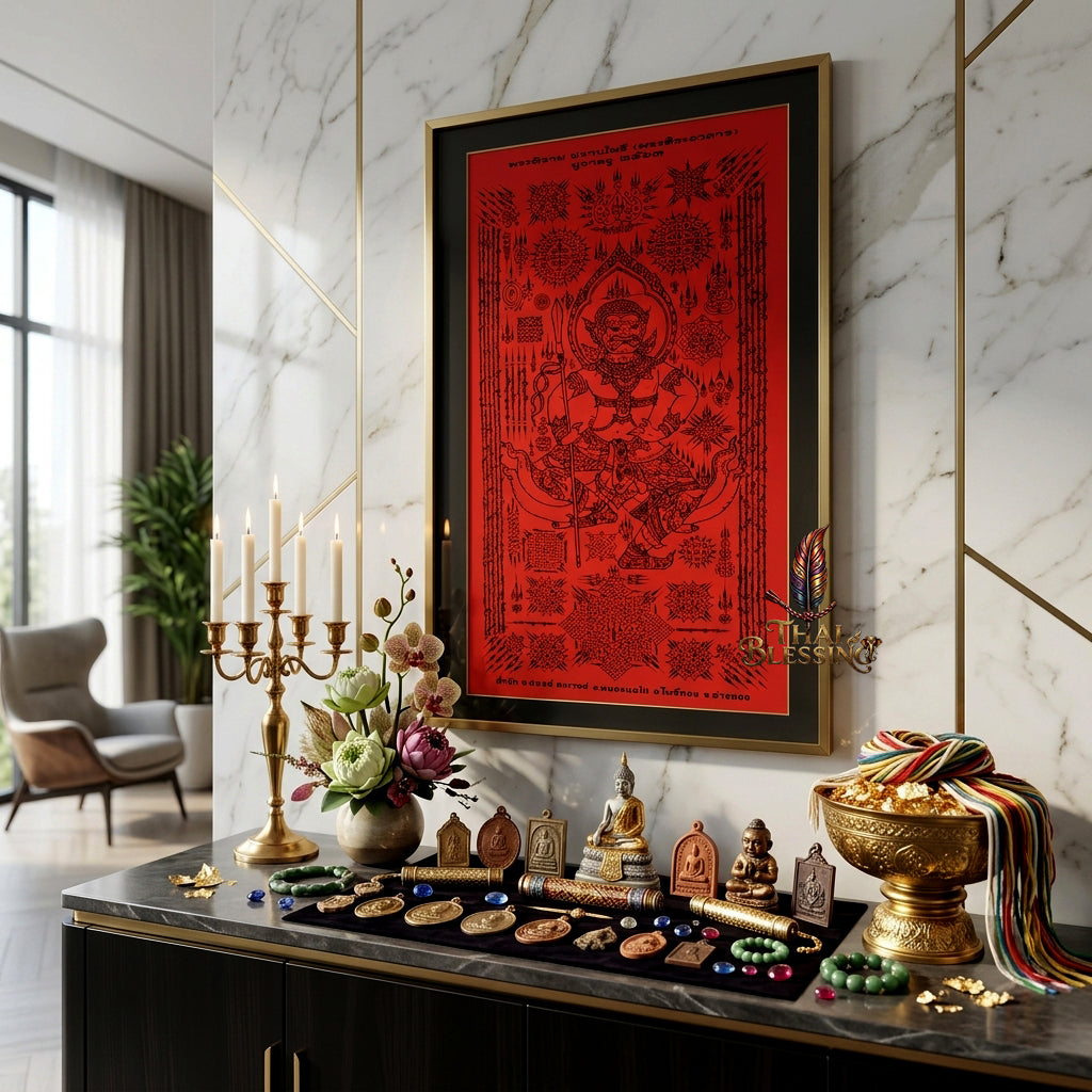 ✨🔴 Sacred Phra Bhairava Phra Phirap Supreme Asura Yantra Cloth - Achan San Khong Wet 2020 Crimson Masterpiece Scroll, Ultimate Fortune Shield, Grand Executive Office Spiritual Wall Art
