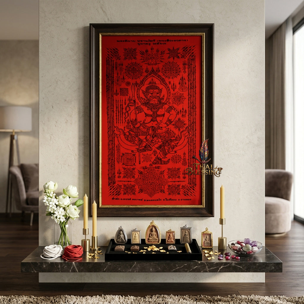 ✨🔴 Sacred Phra Bhairava Phra Phirap Supreme Asura Yantra Cloth - Achan San Khong Wet 2020 Crimson Masterpiece Scroll, Ultimate Fortune Shield, Grand Executive Office Spiritual Wall Art