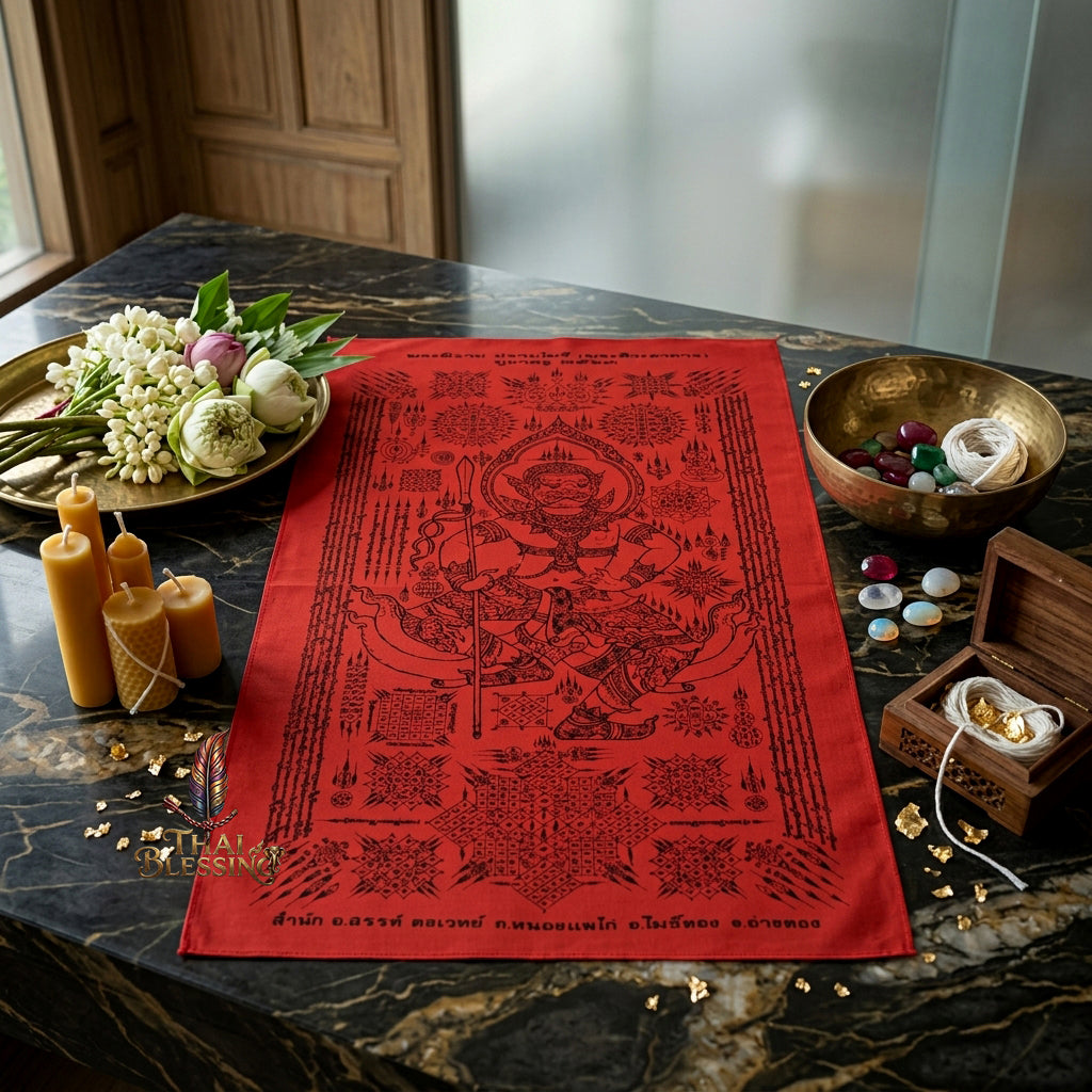 ✨🔴 Sacred Phra Bhairava Phra Phirap Supreme Asura Yantra Cloth - Achan San Khong Wet 2020 Crimson Masterpiece Scroll, Ultimate Fortune Shield, Grand Executive Office Spiritual Wall Art