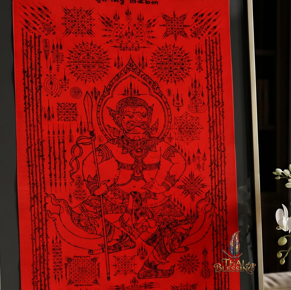 ✨🔴 Sacred Phra Bhairava Phra Phirap Supreme Asura Yantra Cloth - Achan San Khong Wet 2020 Crimson Masterpiece Scroll, Ultimate Fortune Shield, Grand Executive Office Spiritual Wall Art