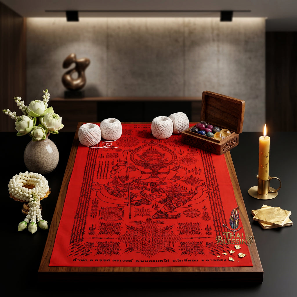 ✨🔴 Sacred Phra Bhairava Phra Phirap Supreme Asura Yantra Cloth - Achan San Khong Wet 2020 Crimson Masterpiece Scroll, Ultimate Fortune Shield, Grand Executive Office Spiritual Wall Art