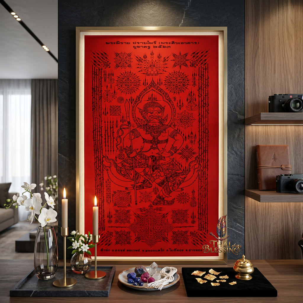 ✨🔴 Sacred Phra Bhairava Phra Phirap Supreme Asura Yantra Cloth - Achan San Khong Wet 2020 Crimson Masterpiece Scroll, Ultimate Fortune Shield, Grand Executive Office Spiritual Wall Art