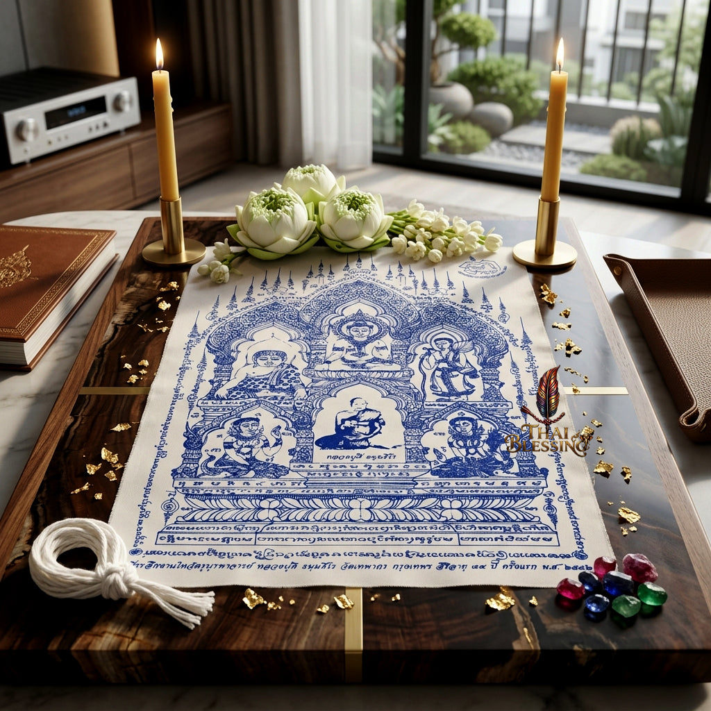 ✨🧘‍♂️ Thai Sacred All-Master Assembly Yantra Cloth - Luang Pu Dee Wat Thepakon 2009 First Wai Kru Memorial Scroll, Ultimate Wealth Destiny Opener Premium Spiritual Wall Art