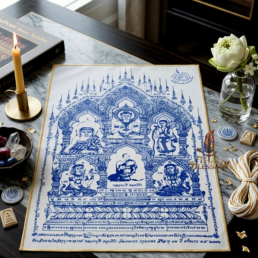 ✨🧘‍♂️ Thai Sacred All-Master Assembly Yantra Cloth - Luang Pu Dee Wat Thepakon 2009 First Wai Kru Memorial Scroll, Ultimate Wealth Destiny Opener Premium Spiritual Wall Art