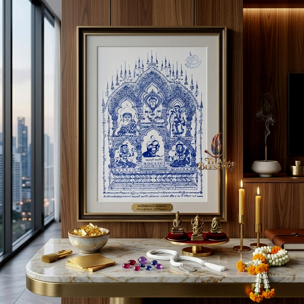 ✨🧘‍♂️ Thai Sacred All-Master Assembly Yantra Cloth - Luang Pu Dee Wat Thepakon 2009 First Wai Kru Memorial Scroll, Ultimate Wealth Destiny Opener Premium Spiritual Wall Art