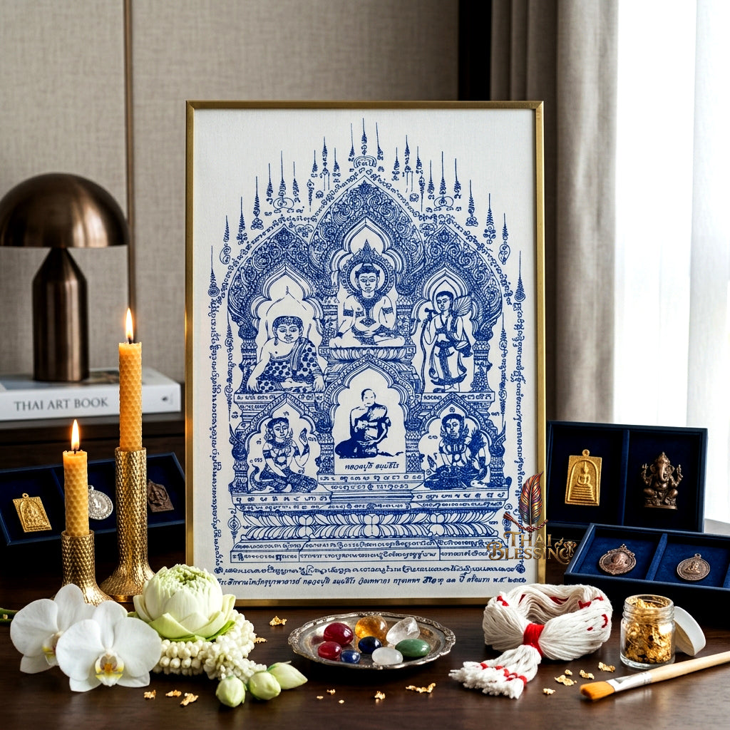 ✨🧘‍♂️ Thai Sacred All-Master Assembly Yantra Cloth - Luang Pu Dee Wat Thepakon 2009 First Wai Kru Memorial Scroll, Ultimate Wealth Destiny Opener Premium Spiritual Wall Art