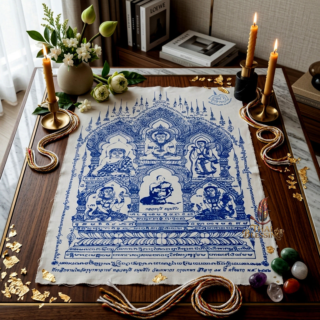 ✨🧘‍♂️ Thai Sacred All-Master Assembly Yantra Cloth - Luang Pu Dee Wat Thepakon 2009 First Wai Kru Memorial Scroll, Ultimate Wealth Destiny Opener Premium Spiritual Wall Art