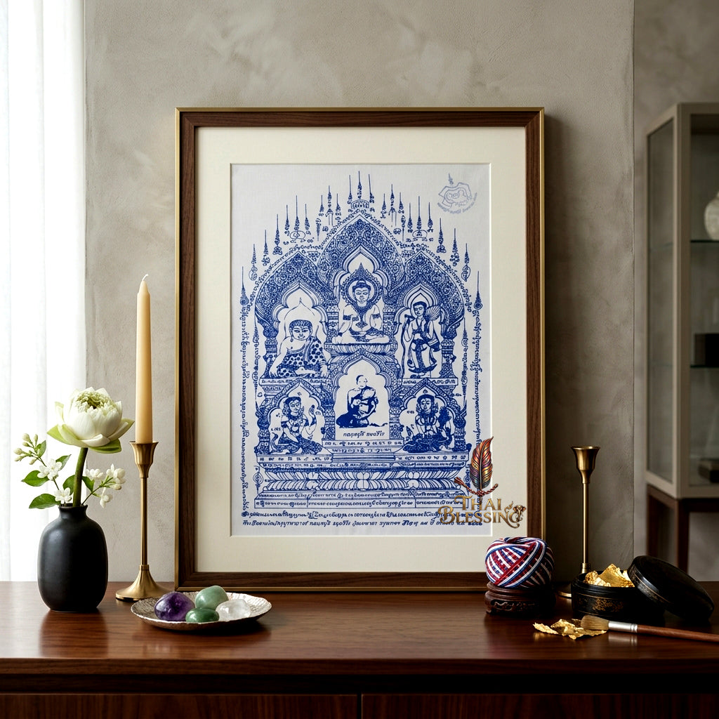 ✨🧘‍♂️ Thai Sacred All-Master Assembly Yantra Cloth - Luang Pu Dee Wat Thepakon 2009 First Wai Kru Memorial Scroll, Ultimate Wealth Destiny Opener Premium Spiritual Wall Art