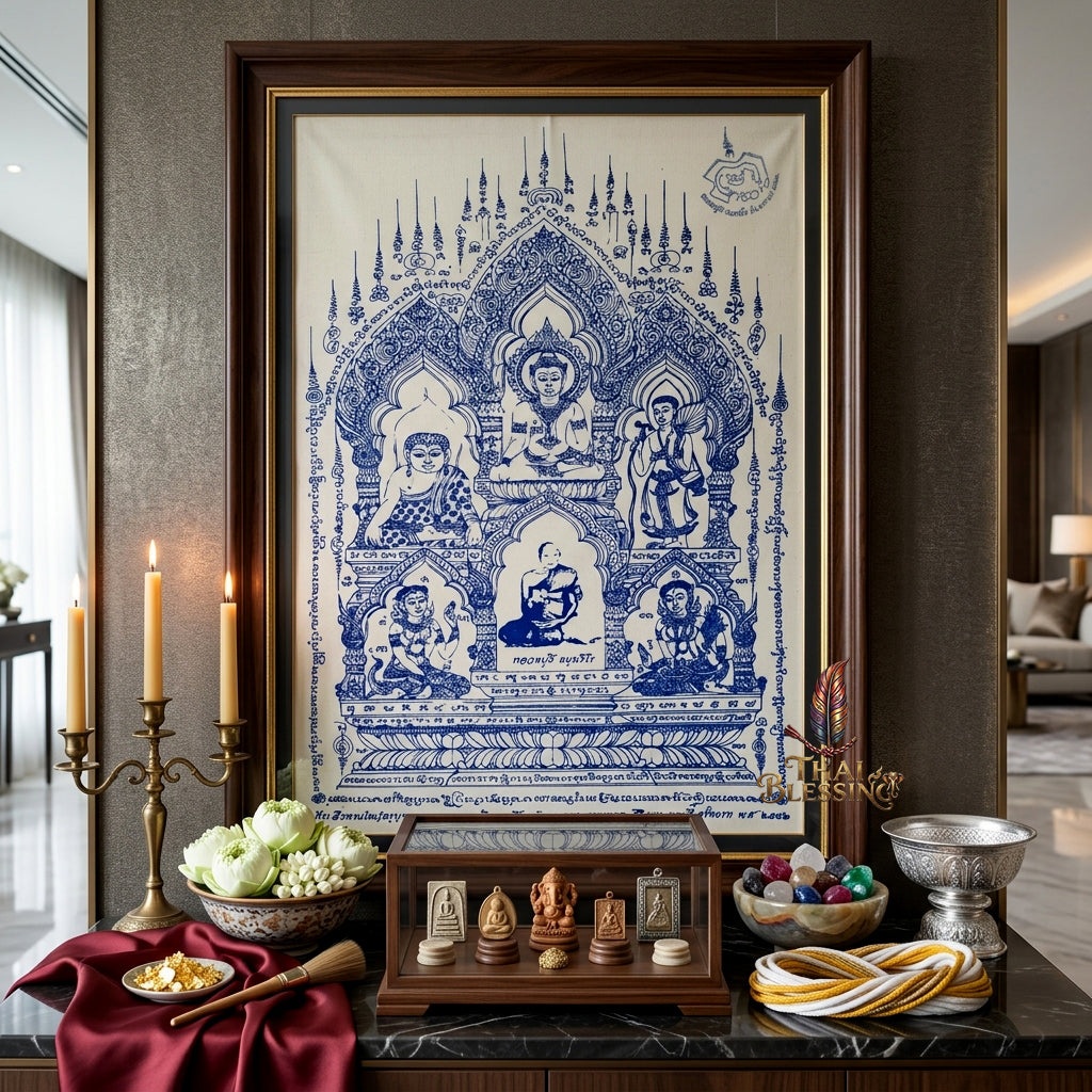 ✨🧘‍♂️ Thai Sacred All-Master Assembly Yantra Cloth - Luang Pu Dee Wat Thepakon 2009 First Wai Kru Memorial Scroll, Ultimate Wealth Destiny Opener Premium Spiritual Wall Art