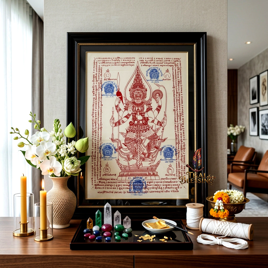 ✨👹 Thao Wessuwan Sacred Yantra Canvas - Luang Phor Pun Premium Thick Raw Cotton Scroll, Ultimate Sovereign Protection Shield, Wealth Prosperity Authority Wall Art แดง