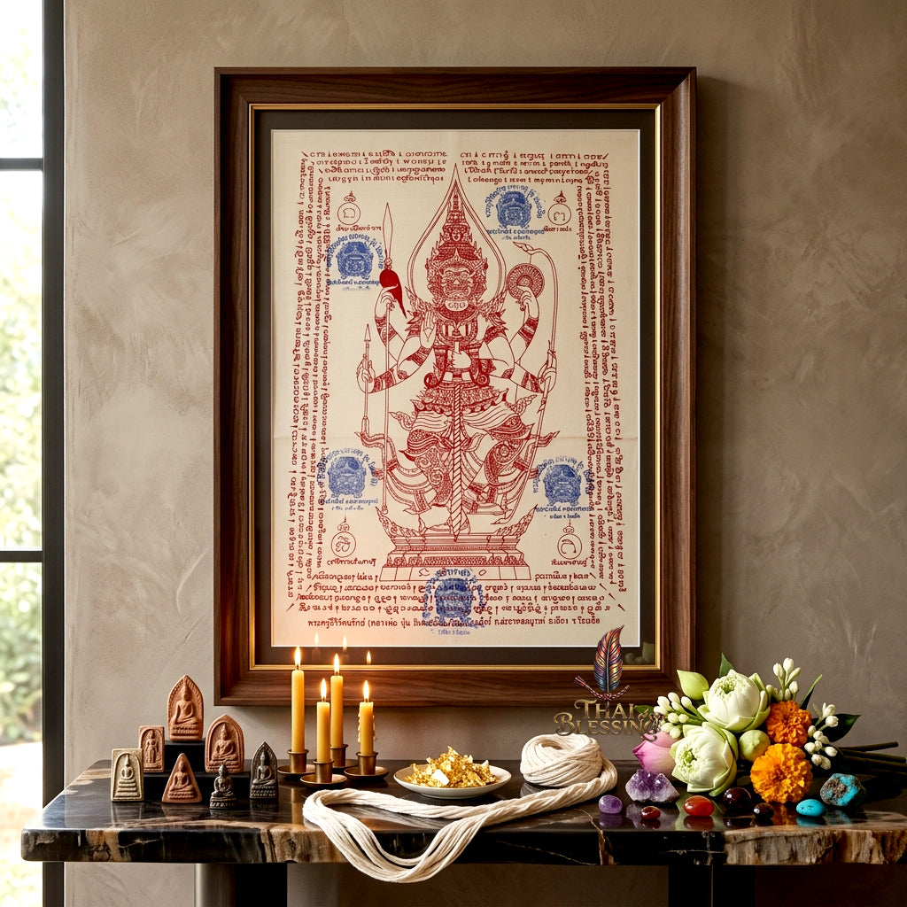 ✨👹 Thao Wessuwan Sacred Yantra Canvas - Luang Phor Pun Premium Thick Raw Cotton Scroll, Ultimate Sovereign Protection Shield, Wealth Prosperity Authority Wall Art