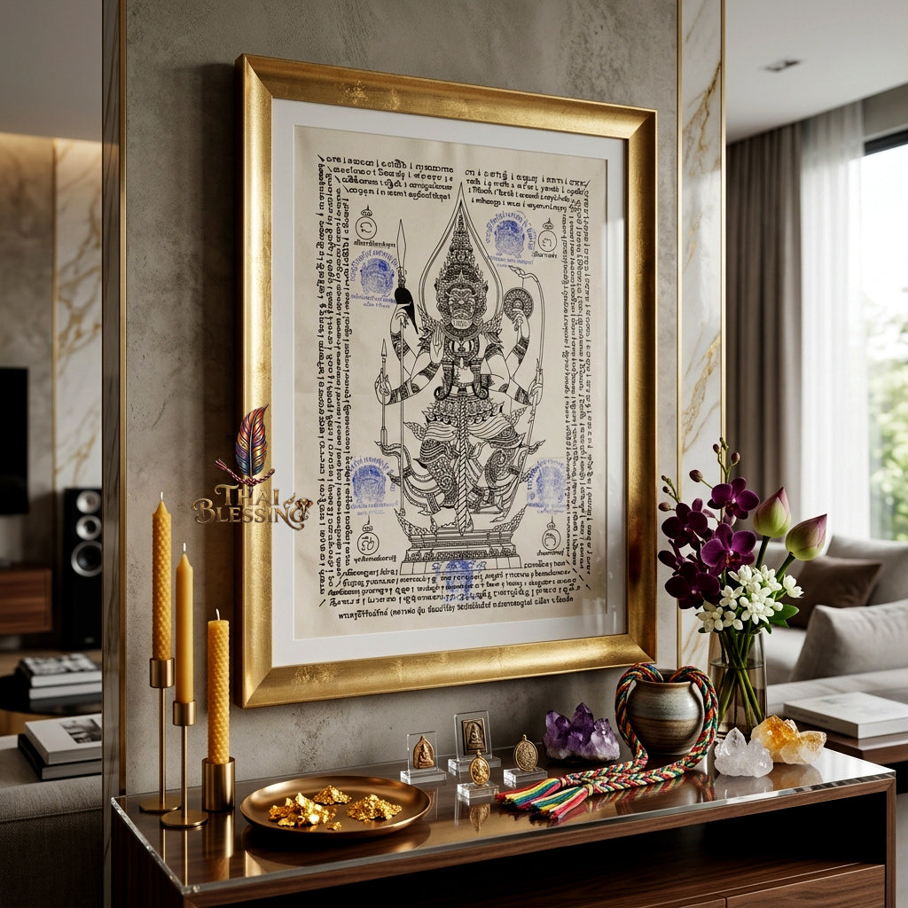 ✨👹 Thao Wessuwan Sacred Yantra Canvas - Luang Phor Pun Premium Thick Raw Cotton Scroll, Ultimate Sovereign Protection Shield, Wealth Prosperity Authority Wall Art