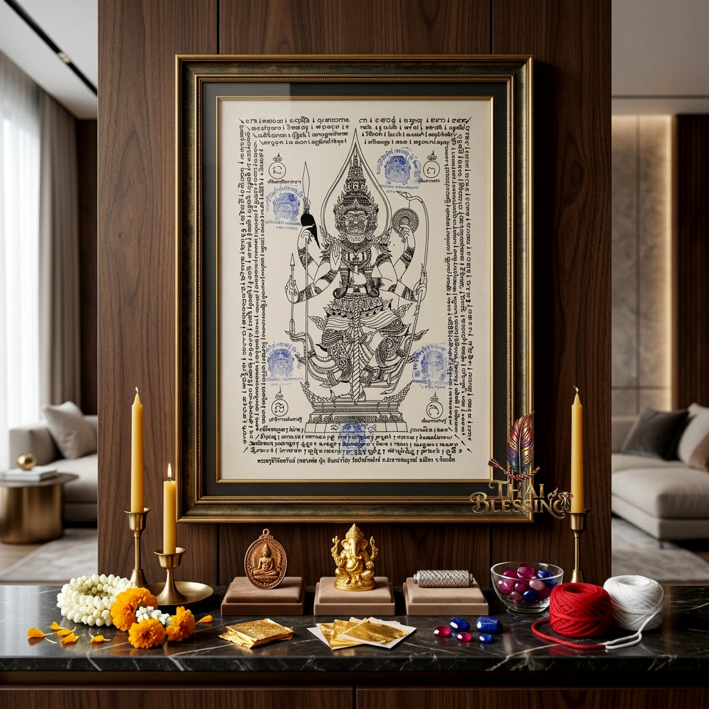 ✨👹 Thao Wessuwan Sacred Yantra Canvas - Luang Phor Pun Premium Thick Raw Cotton Scroll, Ultimate Sovereign Protection Shield, Wealth Prosperity Authority Wall Art