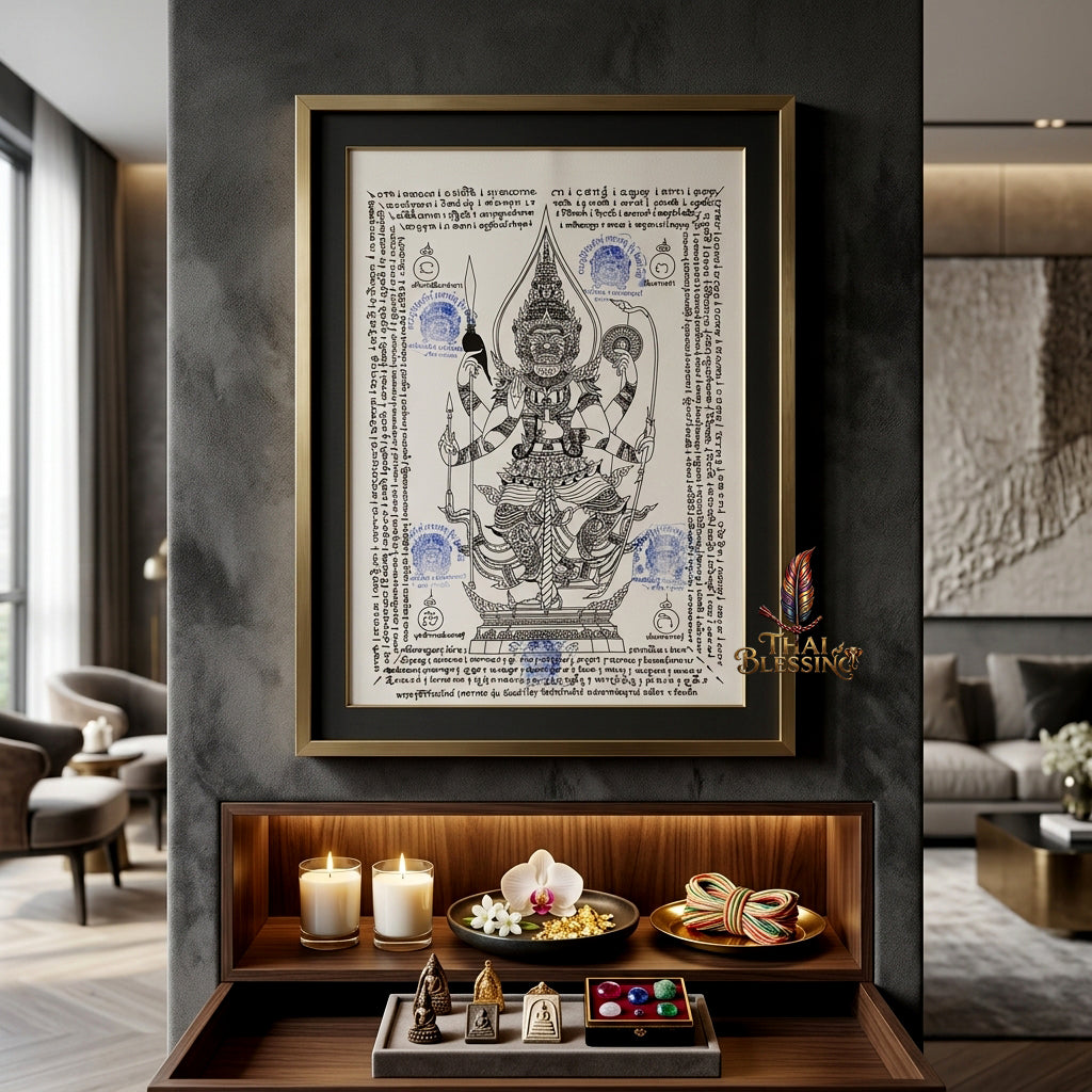 ✨👹 Thao Wessuwan Sacred Yantra Canvas - Luang Phor Pun Premium Thick Raw Cotton Scroll, Ultimate Sovereign Protection Shield, Wealth Prosperity Authority Wall Art