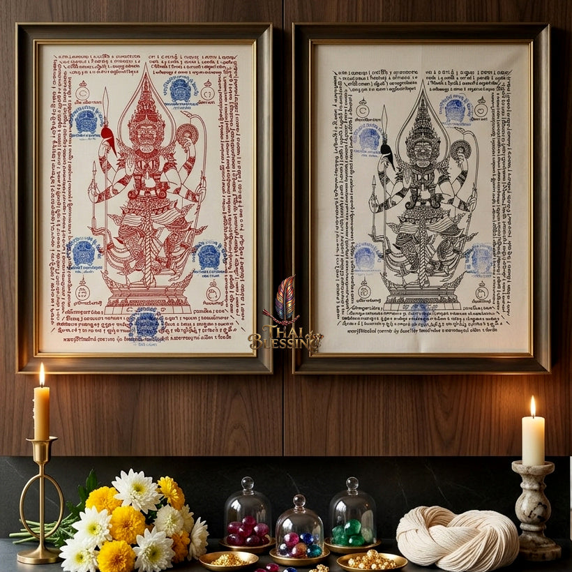 ✨👹 Thao Wessuwan Sacred Yantra Canvas - Luang Phor Pun Premium Thick Raw Cotton Scroll, Ultimate Sovereign Protection Shield, Wealth Prosperity Authority Wall Art