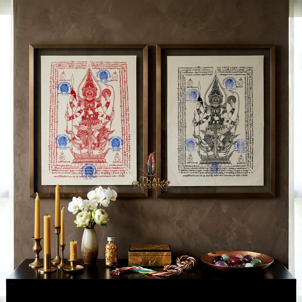 ✨👹 Thao Wessuwan Sacred Yantra Canvas - Luang Phor Pun Premium Thick Raw Cotton Scroll, Ultimate Sovereign Protection Shield, Wealth Prosperity Authority Wall Art