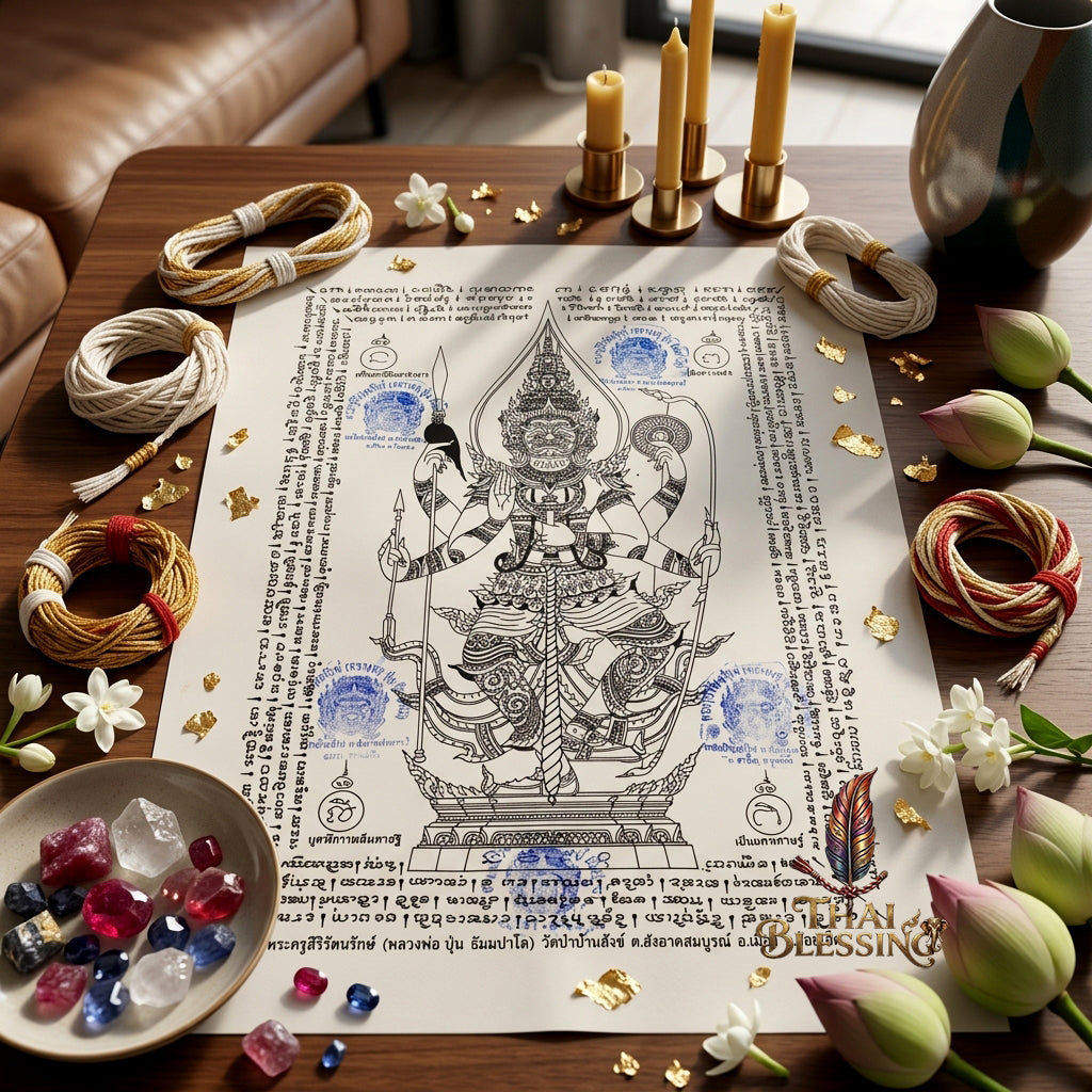 ✨👹 Thao Wessuwan Sacred Yantra Canvas - Luang Phor Pun Premium Thick Raw Cotton Scroll, Ultimate Sovereign Protection Shield, Wealth Prosperity Authority Wall Art