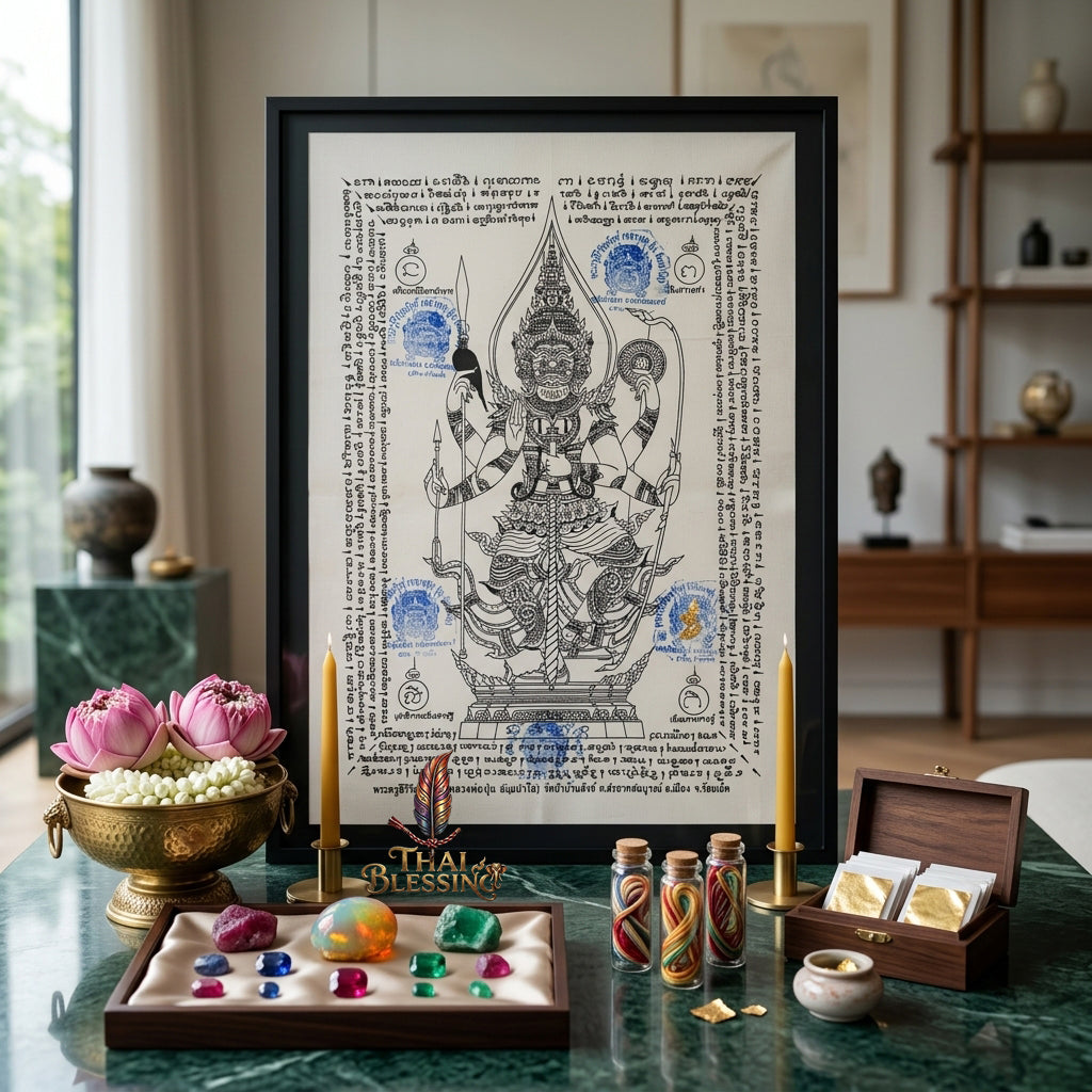 ✨👹 Thao Wessuwan Sacred Yantra Canvas - Luang Phor Pun Premium Thick Raw Cotton Scroll, Ultimate Sovereign Protection Shield, Wealth Prosperity Authority Wall Art Black