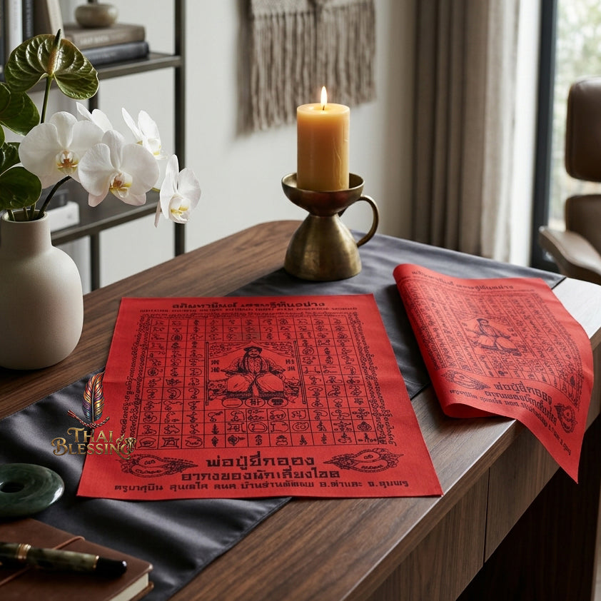 ✨SiamZen™ 2012 Er Ger Hong Thai Amulet Tapestry (Unframed Fabric Only) Strategic Wealth Abundance Resonance, Synchronicity Acceleration & Sovereign Executive Authority Protection Cloth Talisman 14x14" Consecrated by Khru Ba Subin Ban Ran Tat Phom
