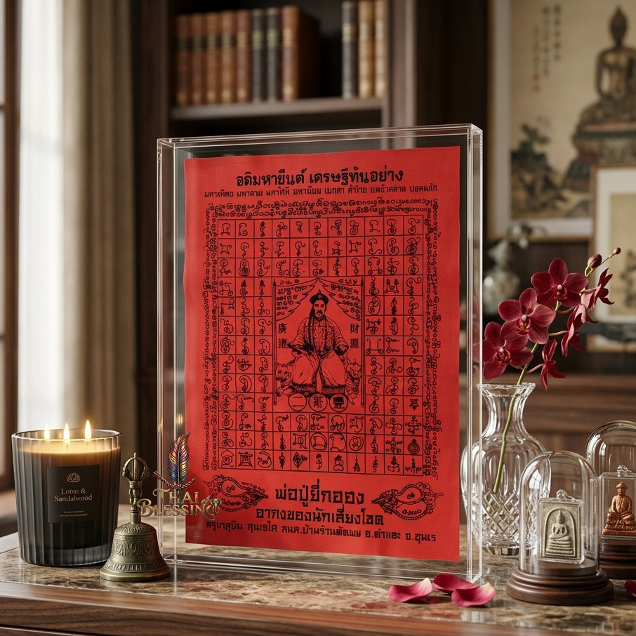 ✨SiamZen™ 2012 Er Ger Hong Thai Amulet Tapestry (Unframed Fabric Only) Strategic Wealth Abundance Resonance, Synchronicity Acceleration & Sovereign Executive Authority Protection Cloth Talisman 14x14" Consecrated by Khru Ba Subin Ban Ran Tat Phom