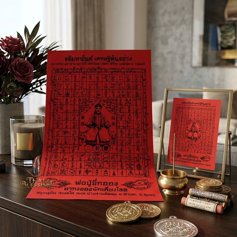✨SiamZen™ 2012 Er Ger Hong Thai Amulet Tapestry (Unframed Fabric Only) Strategic Wealth Abundance Resonance, Synchronicity Acceleration & Sovereign Executive Authority Protection Cloth Talisman 14x14" Consecrated by Khru Ba Subin Ban Ran Tat Phom
