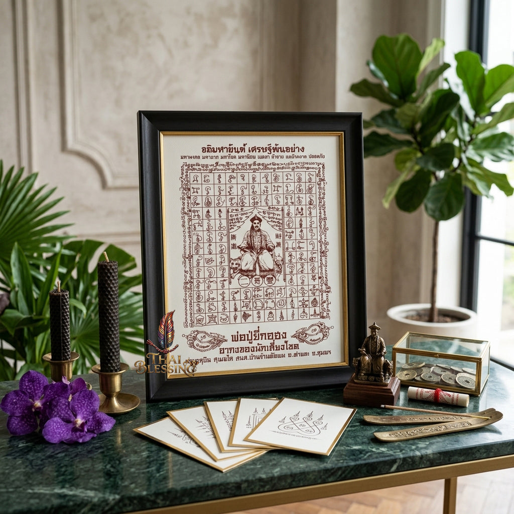 ✨SiamZen™ 2012 Er Ger Hong Thai Amulet Tapestry (Unframed Fabric Only) Strategic Wealth Abundance Resonance, Synchronicity Acceleration & Sovereign Executive Authority Protection Cloth Talisman 14x14" Consecrated by Khru Ba Subin Ban Ran Tat Phom