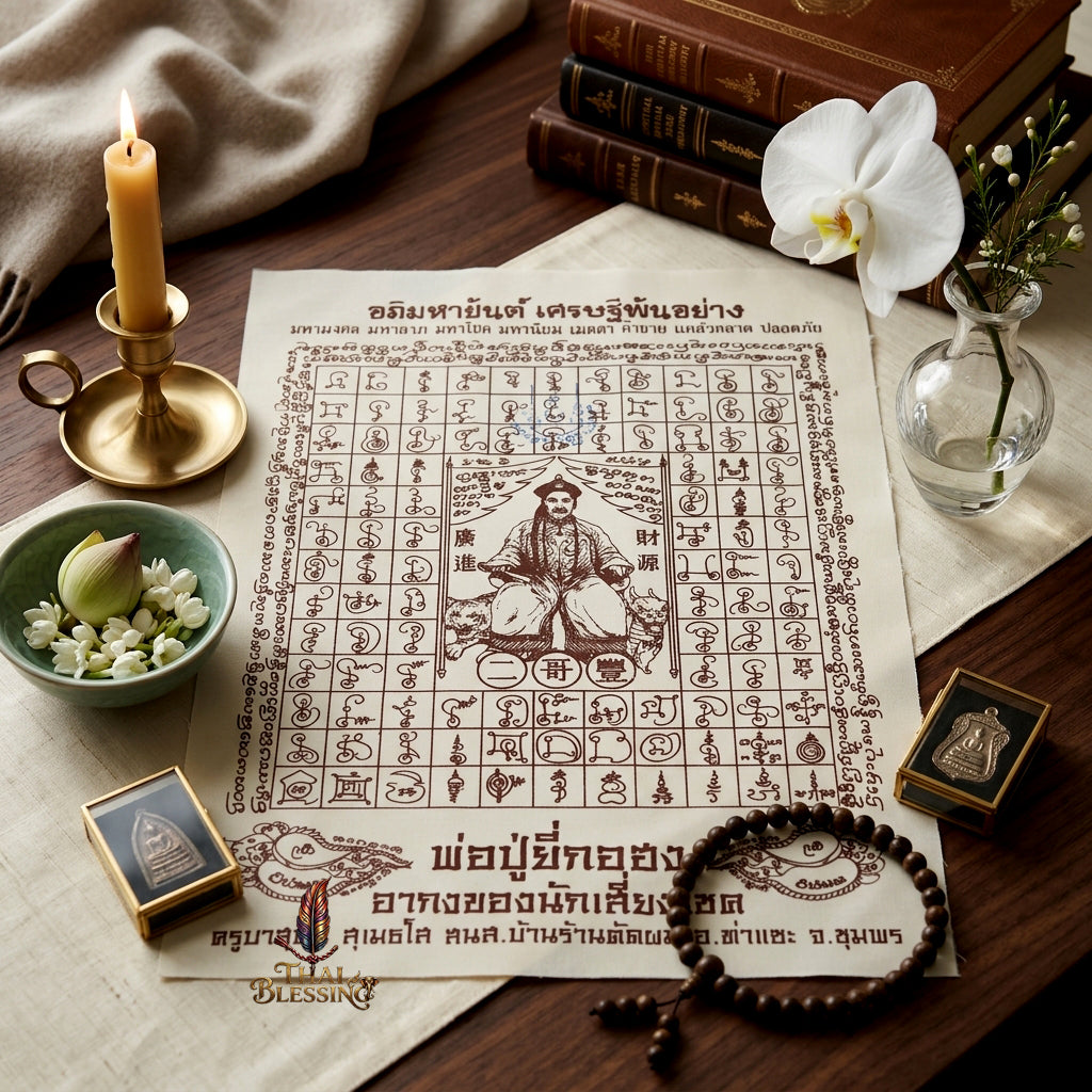 ✨SiamZen™ 2012 Er Ger Hong Thai Amulet Tapestry (Unframed Fabric Only) Strategic Wealth Abundance Resonance, Synchronicity Acceleration & Sovereign Executive Authority Protection Cloth Talisman 14x14" Consecrated by Khru Ba Subin Ban Ran Tat Phom