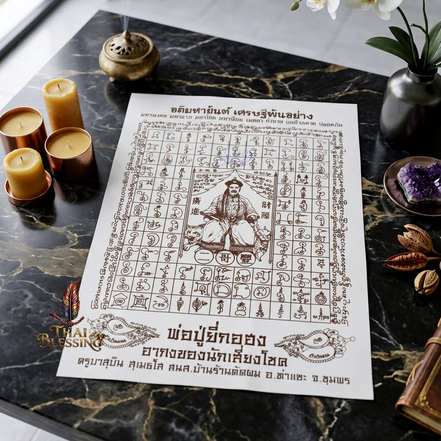 ✨SiamZen™ 2012 Er Ger Hong Thai Amulet Tapestry (Unframed Fabric Only) Strategic Wealth Abundance Resonance, Synchronicity Acceleration & Sovereign Executive Authority Protection Cloth Talisman 14x14" Consecrated by Khru Ba Subin Ban Ran Tat Phom