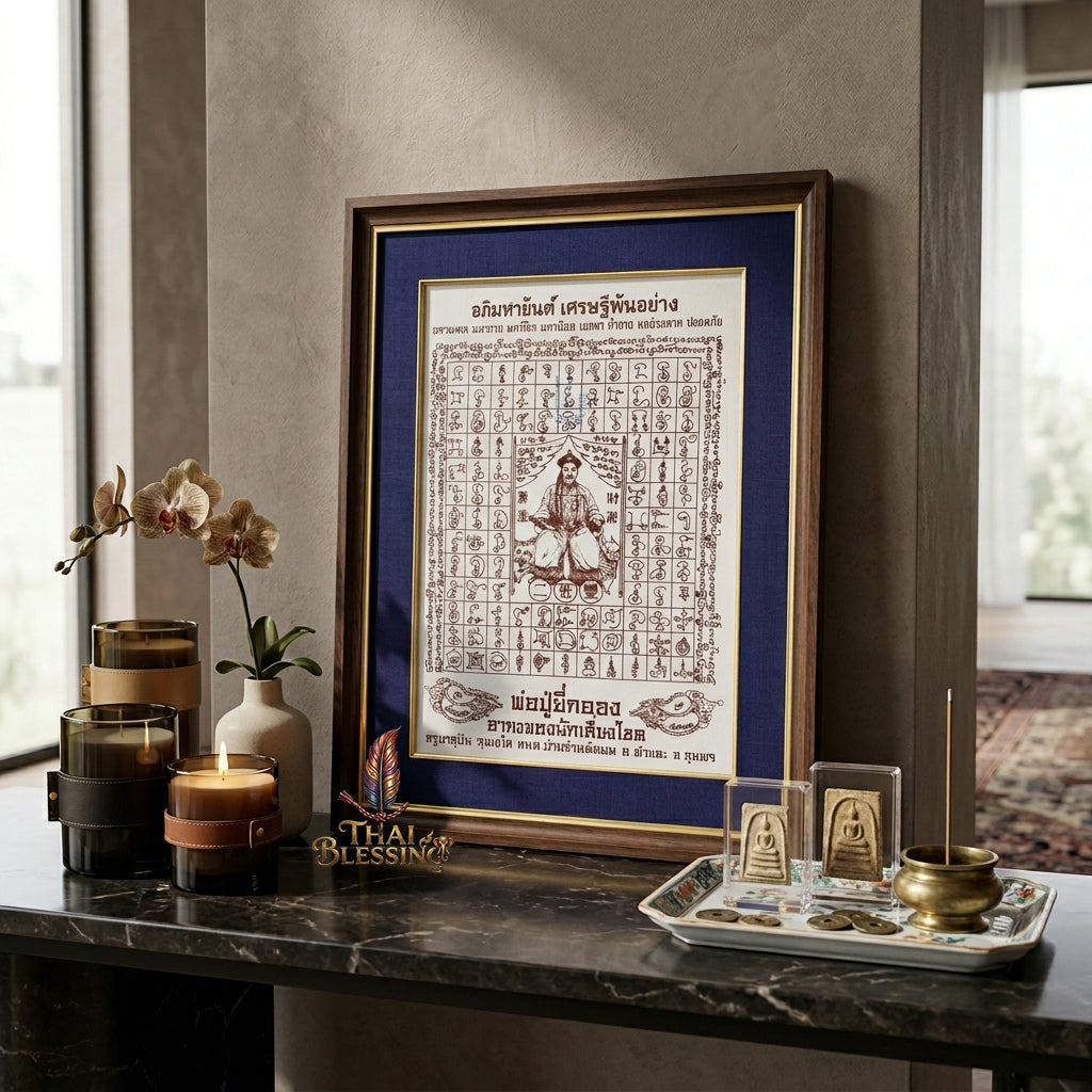 ✨SiamZen™ 2012 Er Ger Hong Thai Amulet Tapestry (Unframed Fabric Only) Strategic Wealth Abundance Resonance, Synchronicity Acceleration & Sovereign Executive Authority Protection Cloth Talisman 14x14" Consecrated by Khru Ba Subin Ban Ran Tat Phom