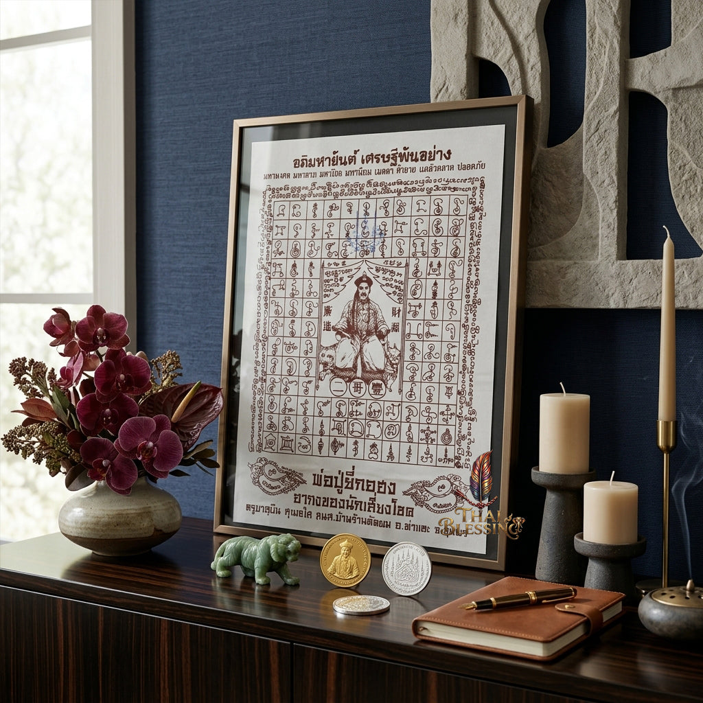 ✨SiamZen™ 2012 Er Ger Hong Thai Amulet Tapestry (Unframed Fabric Only) Strategic Wealth Abundance Resonance, Synchronicity Acceleration & Sovereign Executive Authority Protection Cloth Talisman 14x14" Consecrated by Khru Ba Subin Ban Ran Tat Phom