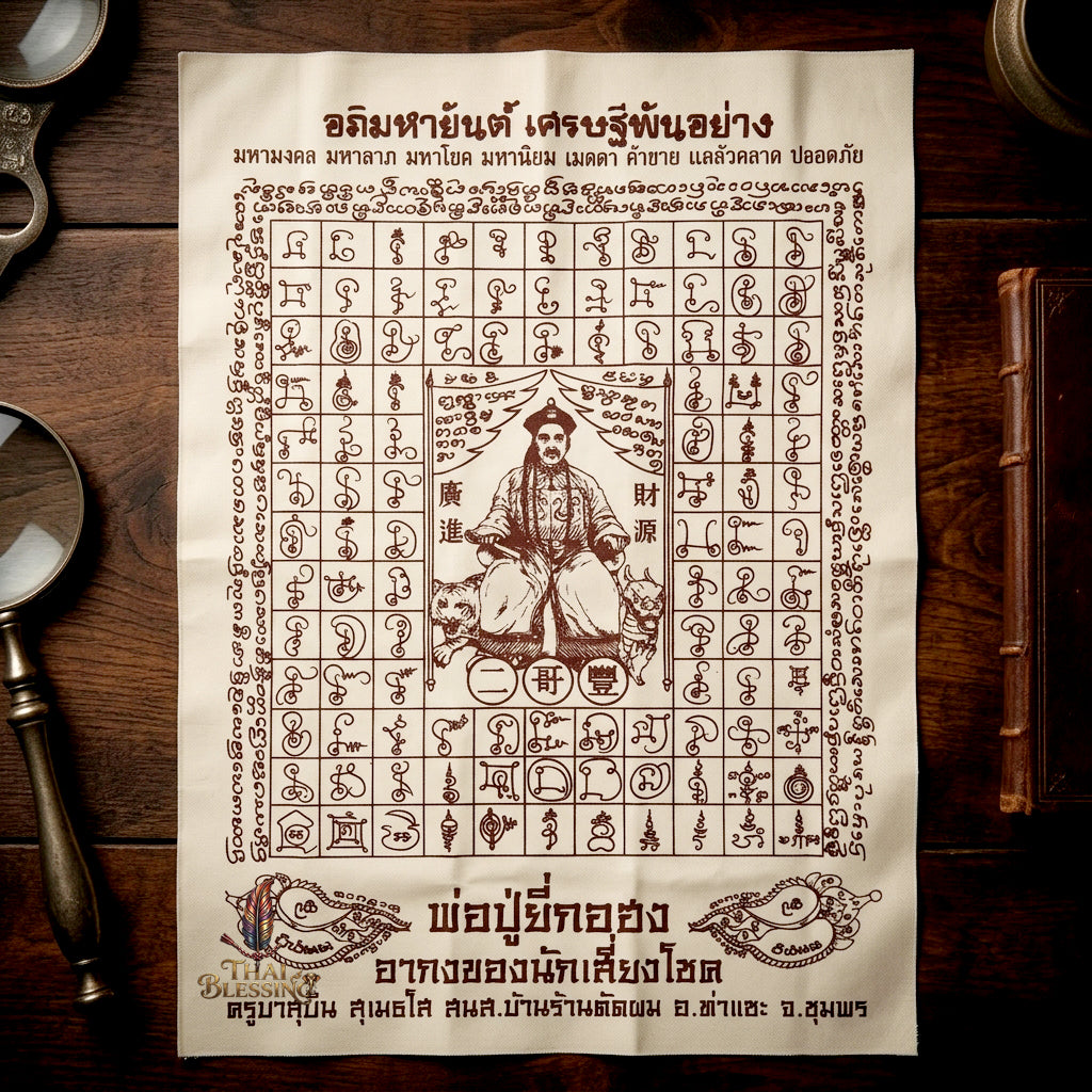 ✨SiamZen™ 2012 Er Ger Hong Thai Amulet Tapestry (Unframed Fabric Only) Strategic Wealth Abundance Resonance, Synchronicity Acceleration & Sovereign Executive Authority Protection Cloth Talisman 14x14" Consecrated by Khru Ba Subin Ban Ran Tat Phom