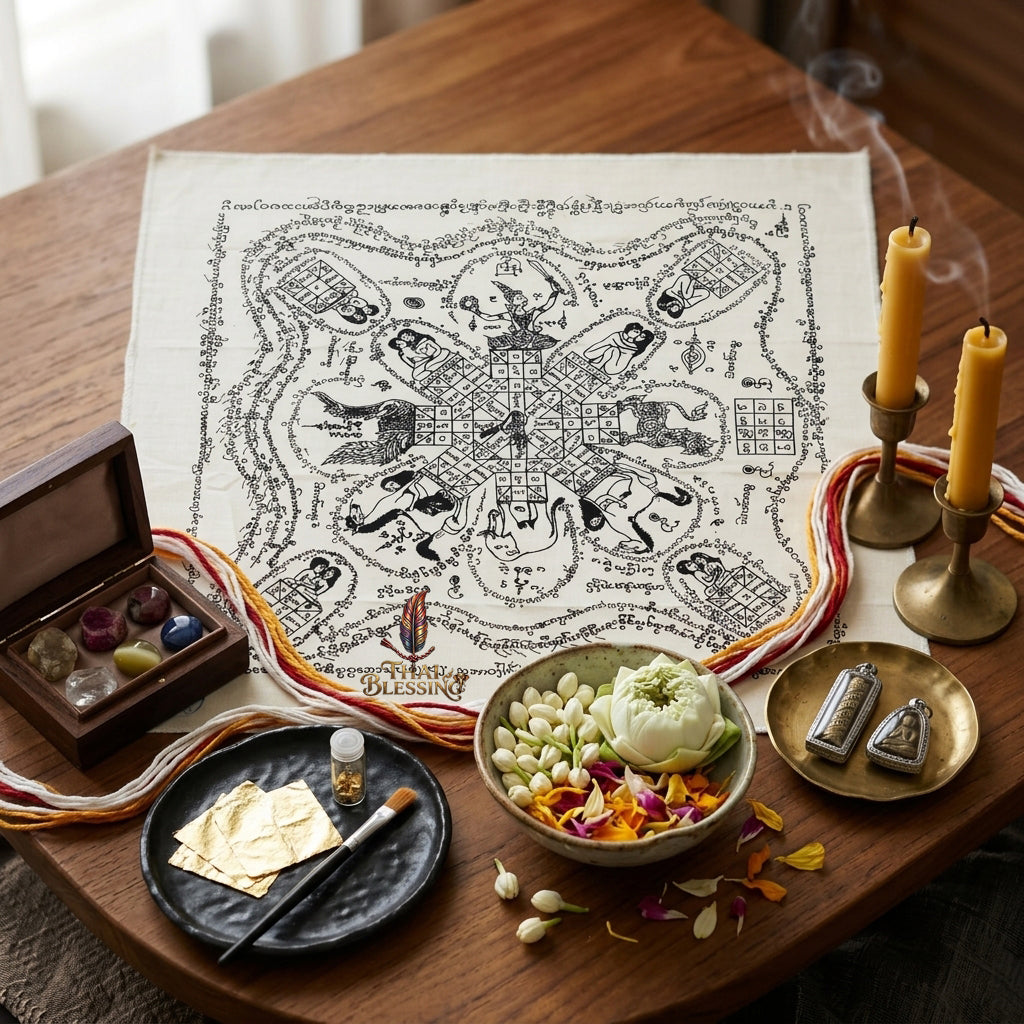 ✨SiamCharm™ 2012 Ma Sep Nang Thai Amulet Tapestry (Unframed Fabric Only) Metta Mahaniyom Seductive Charisma Booster, Passion Attraction & Business Abundance Protection Cloth Talisman 14x14" Consecrated by Phra-achan Suppha Sit Wat Bang Namchon