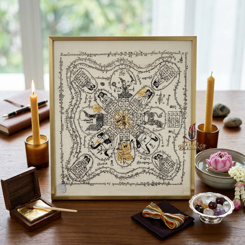 ✨SiamCharm™ 2012 Ma Sep Nang Thai Amulet Tapestry (Unframed Fabric Only) Metta Mahaniyom Seductive Charisma Booster, Passion Attraction & Business Abundance Protection Cloth Talisman 14x14" Consecrated by Phra-achan Suppha Sit Wat Bang Namchon