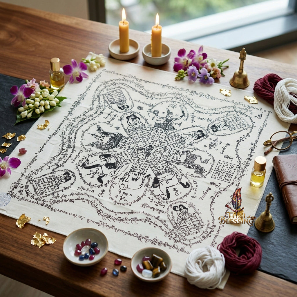 ✨SiamCharm™ 2012 Ma Sep Nang Thai Amulet Tapestry (Unframed Fabric Only) Metta Mahaniyom Seductive Charisma Booster, Passion Attraction & Business Abundance Protection Cloth Talisman 14x14" Consecrated by Phra-achan Suppha Sit Wat Bang Namchon
