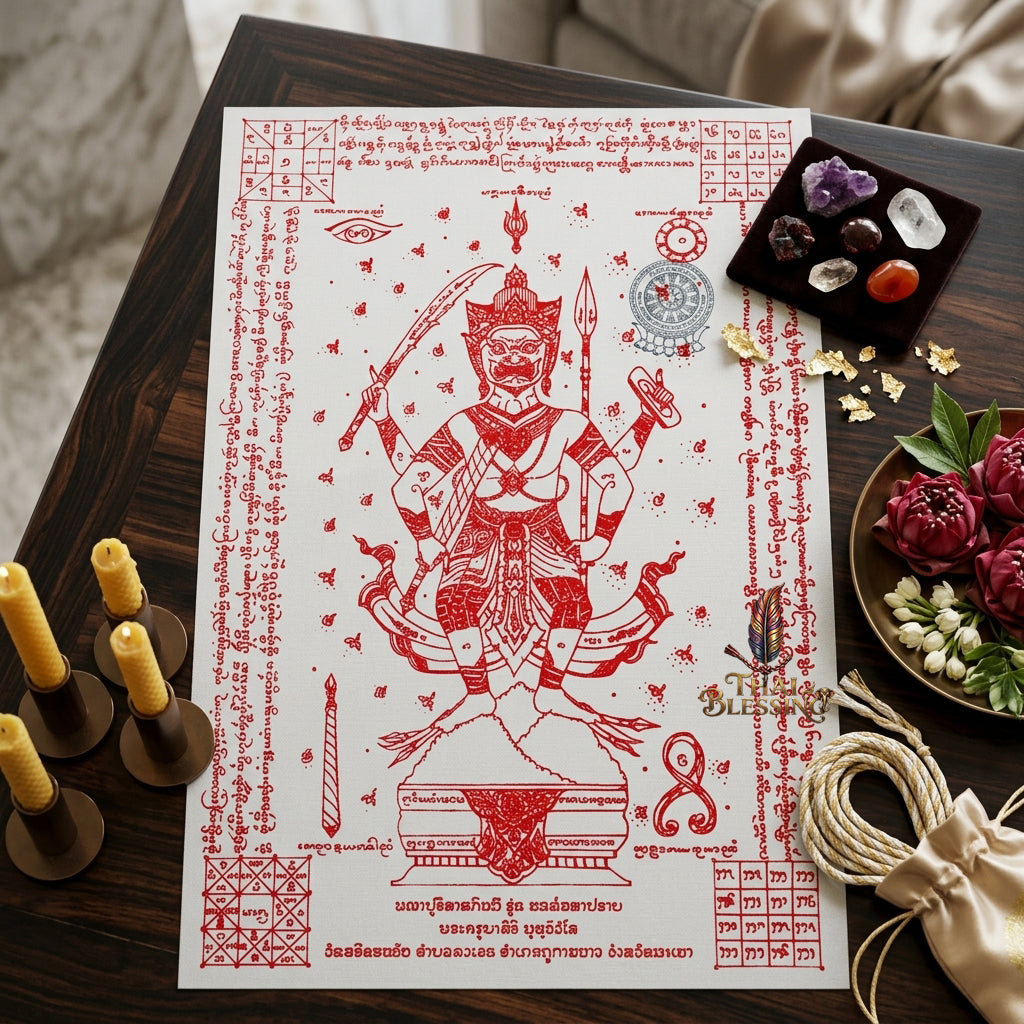✨🦁 Lanna Sacred Phraya Purisad Yantra Cloth - Ancient Spiritual Protection Scroll, Ultimate Negative Energy Shield, Authority & Wealth Aura Booster, Authentic Thai Temple Talisman