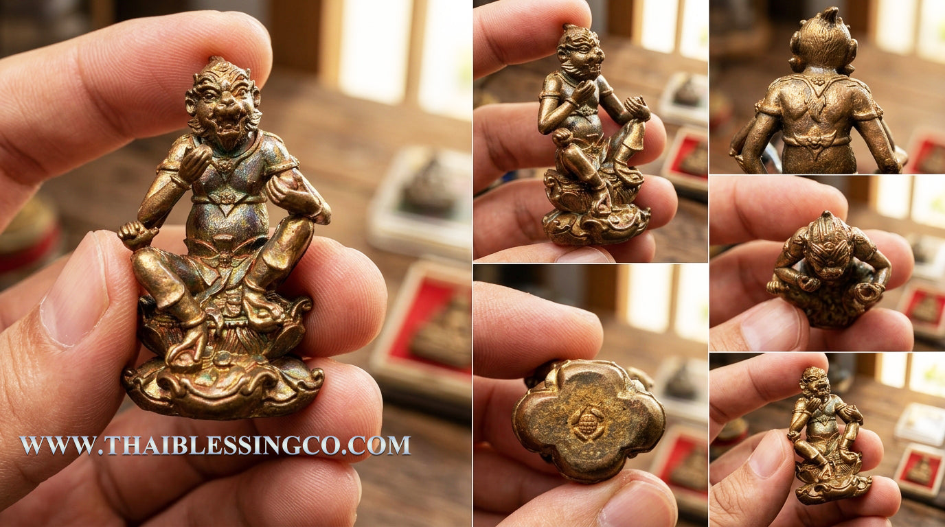 🐒 Celestial Wealth Eater: Authentic Thai Si Hu Ha Ta (Four Ears Five Eyes) Amulet – Sacred Bell Brass Blackened Bronze Edition by Kruba Ariyachat, Wat Saeng Kaew Phothiyan 2015 – The Ultimate Wealth Attraction & Business Luck Talisman (3.5 x 1.9 cm)