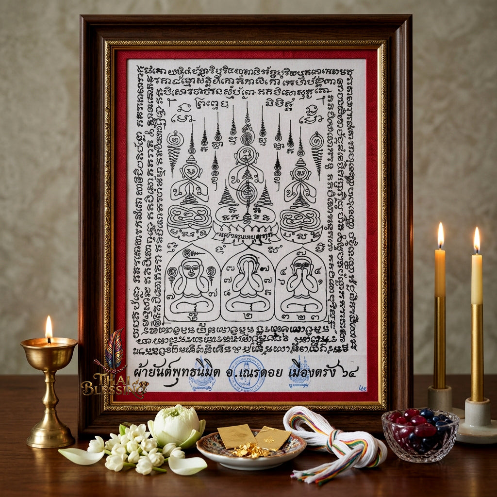 ✨🧘‍♂️ Thai Sacred Phuttha Nimit Yantra Cloth - Arjan Nen Doi Trang 2021, Ancient Chindamanee Wealth Wish Fulfilling Scroll, Grand Prosperity Aura Sanctuary Wall Art