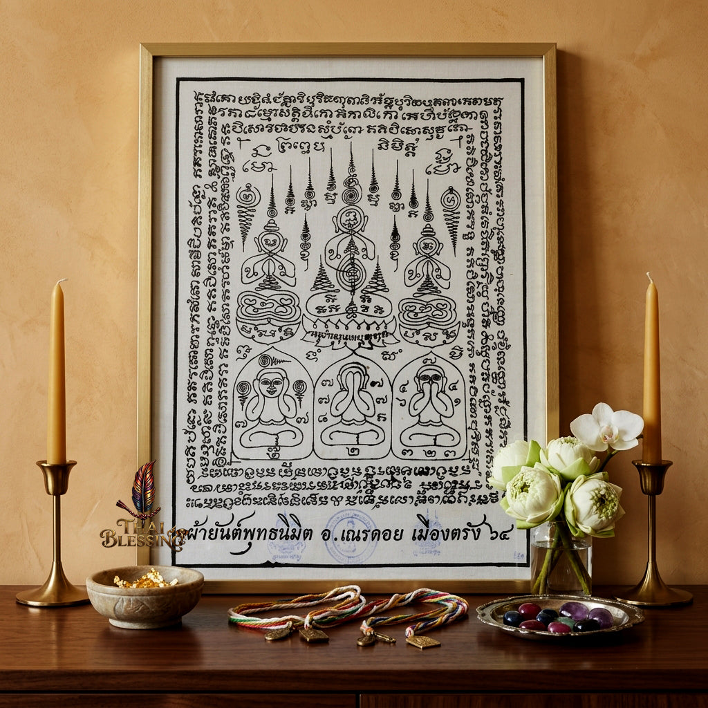 ✨🧘‍♂️ Thai Sacred Phuttha Nimit Yantra Cloth - Arjan Nen Doi Trang 2021, Ancient Chindamanee Wealth Wish Fulfilling Scroll, Grand Prosperity Aura Sanctuary Wall Art