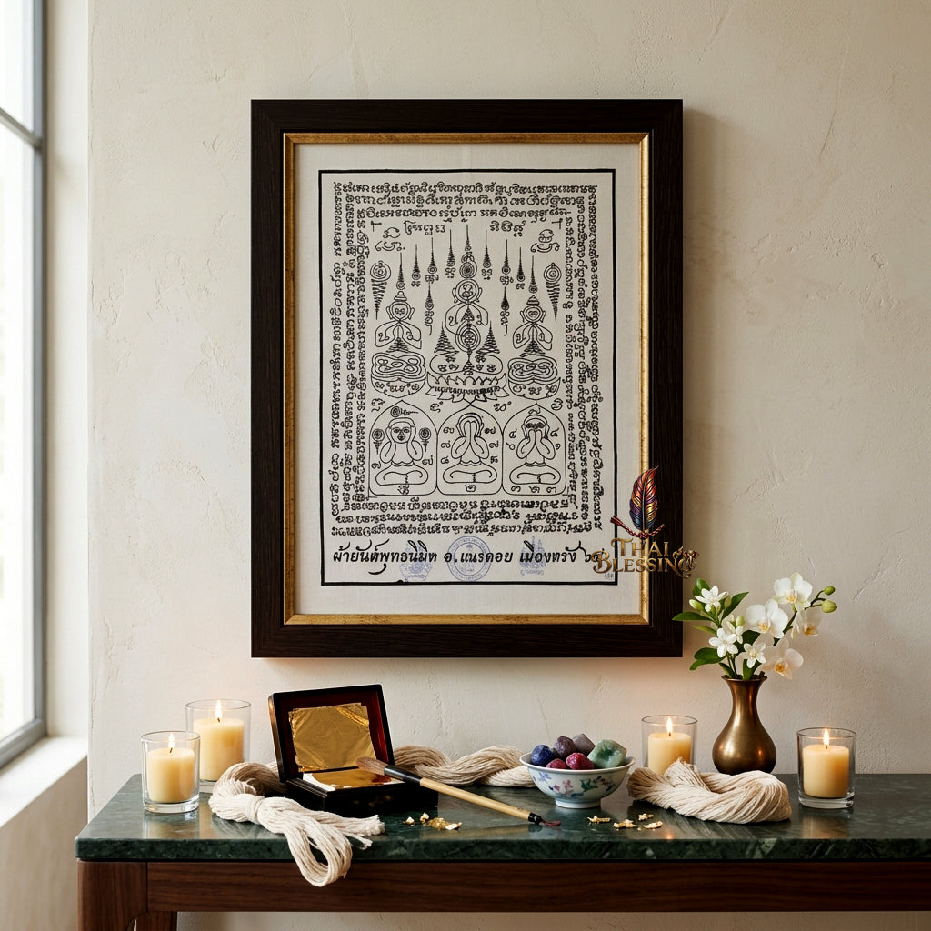 ✨🧘‍♂️ Thai Sacred Phuttha Nimit Yantra Cloth - Arjan Nen Doi Trang 2021, Ancient Chindamanee Wealth Wish Fulfilling Scroll, Grand Prosperity Aura Sanctuary Wall Art