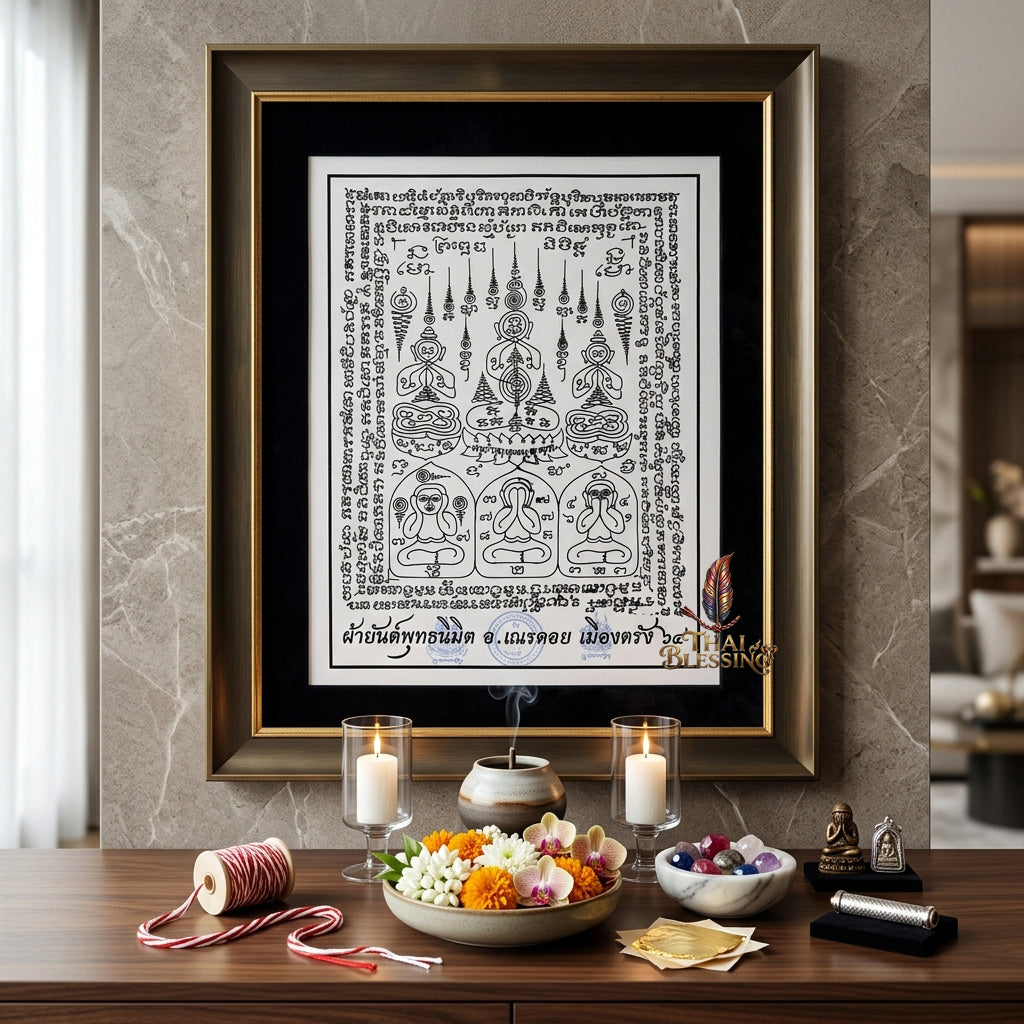 ✨🧘‍♂️ Thai Sacred Phuttha Nimit Yantra Cloth - Arjan Nen Doi Trang 2021, Ancient Chindamanee Wealth Wish Fulfilling Scroll, Grand Prosperity Aura Sanctuary Wall Art