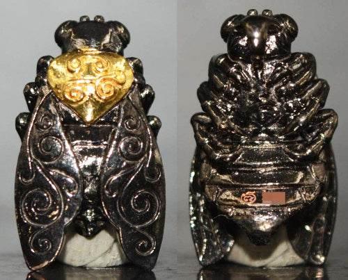 Thai Golden Bee Amulet for Wealth by Master Kruba Tao - Attract Prosperity and Abundance Bumblebee black rhodium plated bronze with gold heart