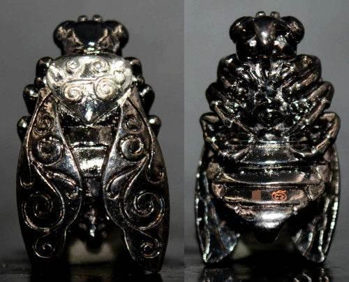 Thai Golden Bee Amulet for Wealth by Master Kruba Tao - Attract Prosperity and Abundance black rhodium plated bronze with silver heart