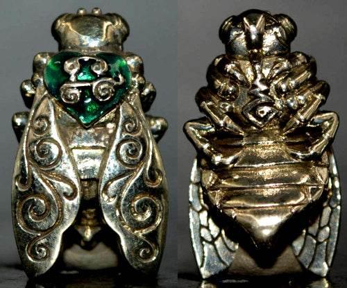 Thai Golden Bee Amulet for Wealth by Master Kruba Tao - Attract Prosperity and Abundance white gold with green enamel