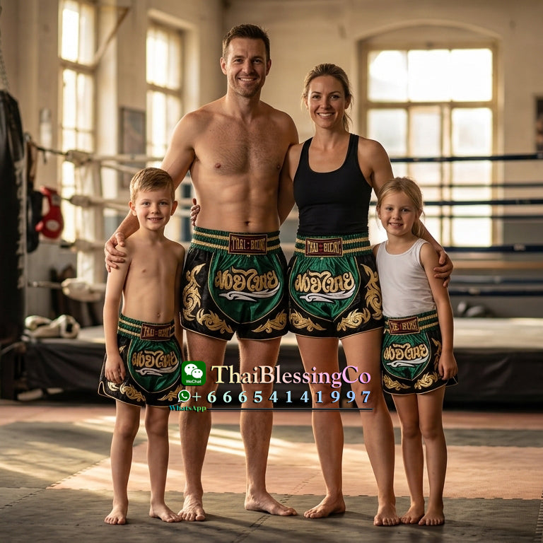 🥊The Warrior’s Glory: Authentic Premium Thai Pattern Muay Thai Shorts – Double-Layered Professional Satin Boxing Trunks, Handcrafted Factory-Direct Export Grade for Adults and Kids (Green and black Muay Thai shorts)