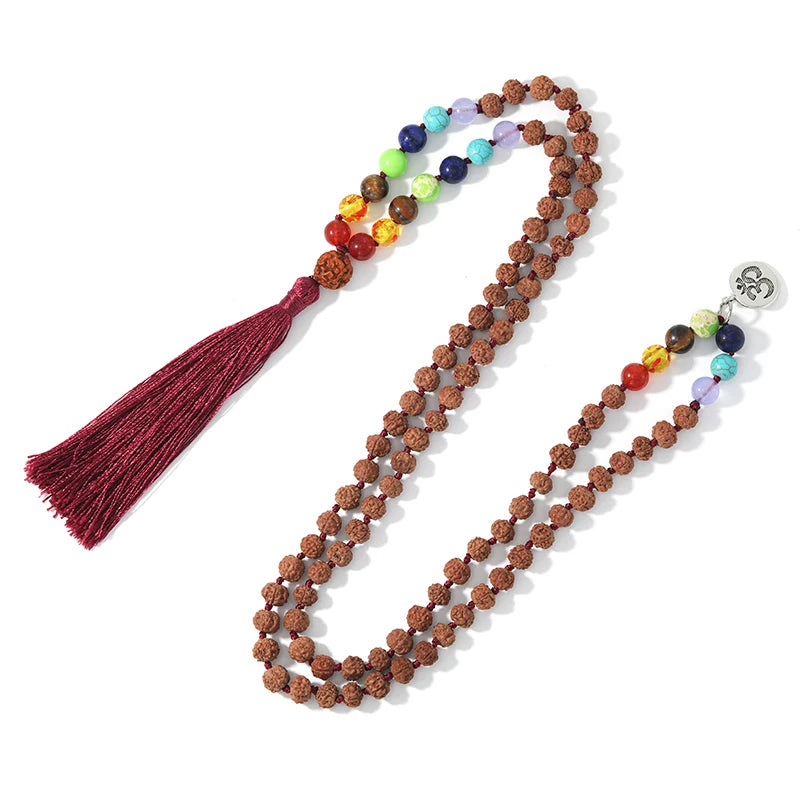 🕉️ Authentic Rudraksha & 7 Chakra Mala: 108 Bead Knotted Necklace with OM Pendant – Sacred "Tears of Shiva" Prayer Rosary for Meditation & Yoga