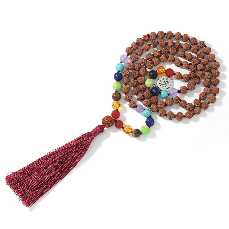 🕉️ Authentic Rudraksha & 7 Chakra Mala: 108 Bead Knotted Necklace with OM Pendant – Sacred "Tears of Shiva" Prayer Rosary for Meditation & Yoga