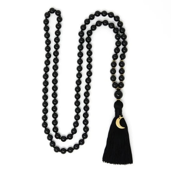 ✨ Black Tourmaline Moon Mala Beads – Knotted Japa Mala with 108 Buddhist Prayer Beads for Protection and Spiritual Growth